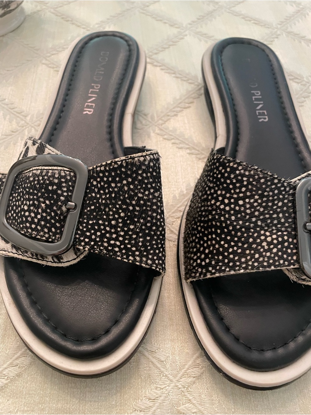 Donald J. Pliner Black & White Textured Buckle Slide Mules